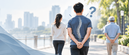 A man walking with his hands clasped behind his back, with a subtle spine illustration and question mark, exploring the relationship between walking habits, posture, and movement.