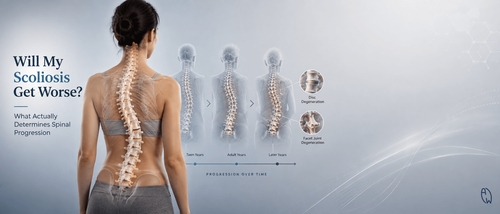 Medical illustration showing scoliosis progression over time, comparing the spine in teen, adult, and later years with disc and facet joint degeneration.