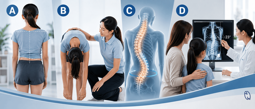 Illustration showing the ABCD of scoliosis screening: Asymmetry, Bend Forward, Check for Curve, and Diagnosis by X-ray to help detect scoliosis early.