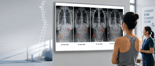 Sequential EOS X-rays showing an adult patient with functional scoliosis improving from a 15-degree thoracic and 10-degree lumbar Cobb angle to 7 degrees and 5 degrees after rehabilitation and corrective bracing.