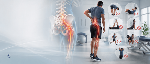 Illustration showing the sciatic nerve and seven exercises to avoid for people with sciatica, including toe touches, sit-ups, running, heavy squats, and twisting movements.