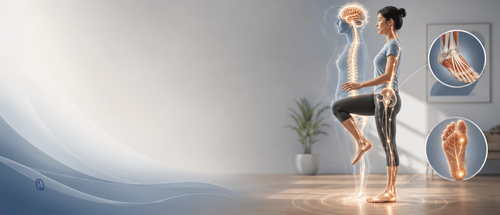 Patient performing barefoot balance exercises to improve foot strength, proprioception, posture, and spinal alignment during scoliosis rehabilitation.