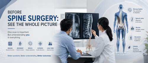 Patient discussing spine X-ray and MRI results with clinician while considering whole-body assessment before surgery.