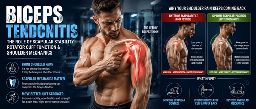 Gym athlete experiencing front shoulder pain during overhead lifting with anatomical illustration showing biceps tendonitis and scapular mechanics