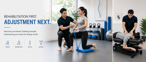Chiropractor guiding a patient through rehabilitation exercises before a spinal adjustment as part of a personalised chiropractic treatment programme in Singapore.