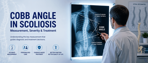 Cobb angle measurement on a scoliosis X-ray used to assess spinal curve severity.