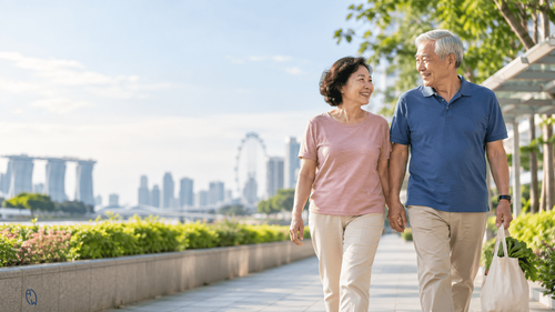 Active elderly couple in Singapore walking outdoors while carrying groceries