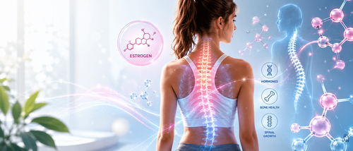 Teenage girl during puberty with spinal anatomy illustration showing the possible connection between estrogen, growth, and scoliosis progression