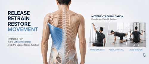 Illustration showing latissimus dorsi fascia restriction, myofascial pain syndrome, and movement rehabilitation after fascia hydrodissection treatment.
