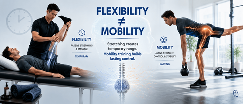 Comparison of passive stretching and active mobility training showing that stretching temporarily increases flexibility while mobility exercises build lasting strength, control, and range of motion.