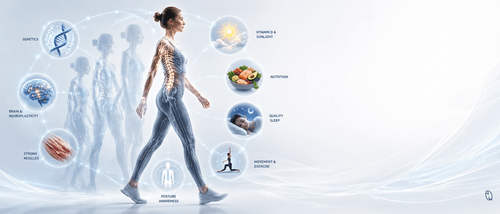Illustration showing how genetics, brain function, muscles, nutrition, sleep, movement, and posture awareness work together to influence scoliosis and spinal health.