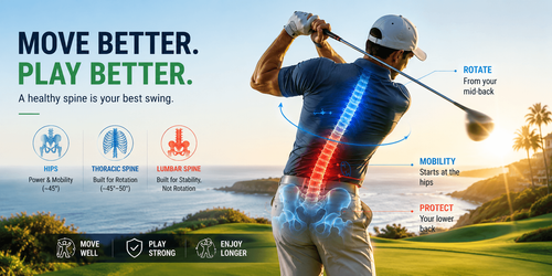 Golfer performing a golf swing with highlighted thoracic spine, hips, and lower back mechanics showing how poor rotation and limited mobility can contribute to lower back pain in golfers.