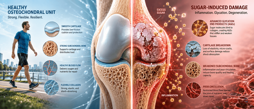 Medical illustration showing how excess sugar causes glycation, damages collagen, reduces cartilage elasticity, and accelerates joint degeneration compared with healthy joint tissue.