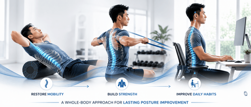 Three-step hunchback posture treatment showing thoracic mobility exercises, postural strengthening, and ergonomic sitting to improve spinal alignment and posture.