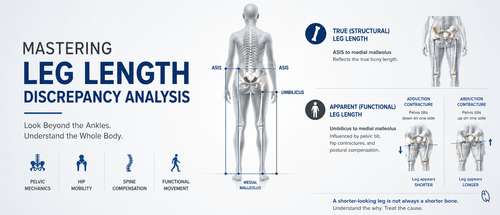 Clinical illustration showing true vs functional leg length discrepancy caused by pelvic tilt and hip compensation.