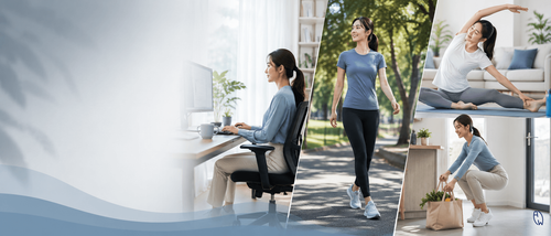 Adult with scoliosis maintaining healthy lifestyle habits through walking, stretching, ergonomic work, and proper lifting techniques.