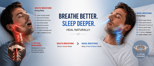 Mouth breathing during sleep causing airway obstruction, poor sleep, jaw tension, and upper cervical stress compared to healthy nasal breathing.