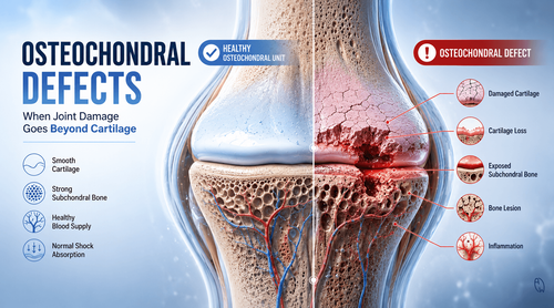 Medical illustration comparing a healthy osteochondral unit with an osteochondral defect, showing cartilage damage, exposed subchondral bone, inflammation, and impaired joint healing.