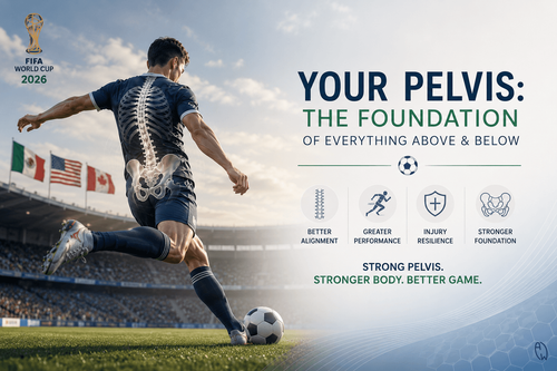 Soccer player with highlighted pelvis and spine demonstrating how pelvic alignment influences posture, scoliosis, core stability, athletic performance, and injury prevention.