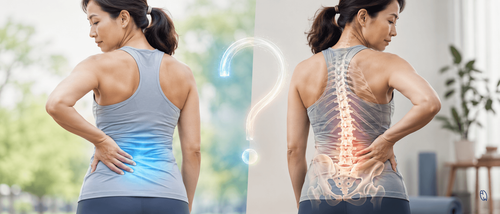 An active woman over 35 with persistent lower back pain shown alongside a transparent illustration of the lumbar spine and pelvis, highlighting the difference between muscle pain and potential bone-related conditions such as osteopenia or osteoporosis.