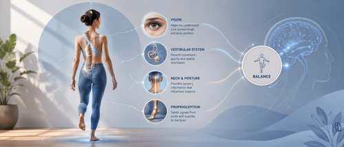Person with scoliosis demonstrating balance difficulties while visualizing the connection between the spine, vestibular system, proprioception, vision, and brain.