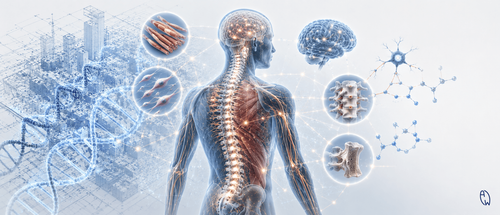 Medical illustration showing how developmental genes, the brain, muscles, nerves and vertebrae work together during spinal development and scoliosis.