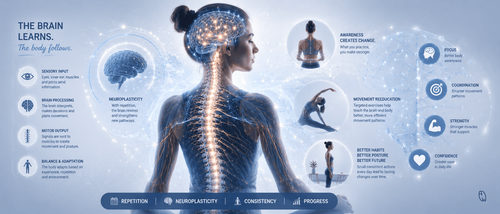 Medical illustration showing the brain, spine, nervous system, and muscles working together through neuroplasticity and proprioception in scoliosis rehabilitation.