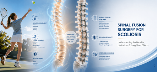 Educational illustration comparing spinal flexibility and spinal fusion surgery for scoliosis, highlighting treatment considerations and long-term spinal function.