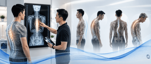 Healthcare professional reviewing a standing spinal X-ray with an Asian patient to assess hunchback posture, hyperkyphosis, thoracic scoliosis, and spinal alignment before rehabilitation.