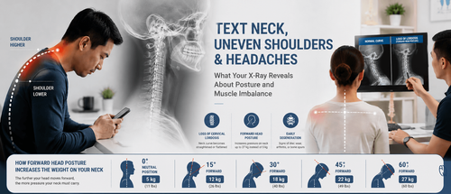 Lateral cervical spine X-ray showing loss of cervical lordosis and forward head posture associated with text neck and uneven shoulders.