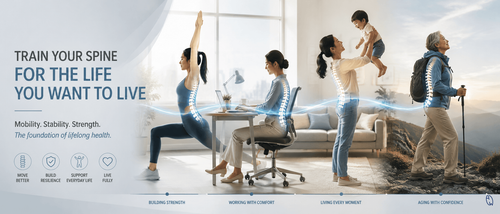 Woman performing spine mobility and strengthening exercises to improve posture, spinal health, and functional movement.