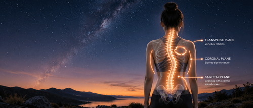 A person viewed from behind beneath a starry night sky with a glowing three-dimensional spine illustrating scoliosis through sideways curvature, vertebral rotation, and changes in the spine's natural curves.