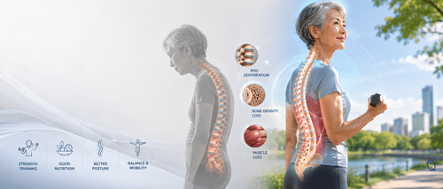 Healthy older adult showing upright posture with spine and muscle support illustration for ageing, height loss, and sarcopenia education