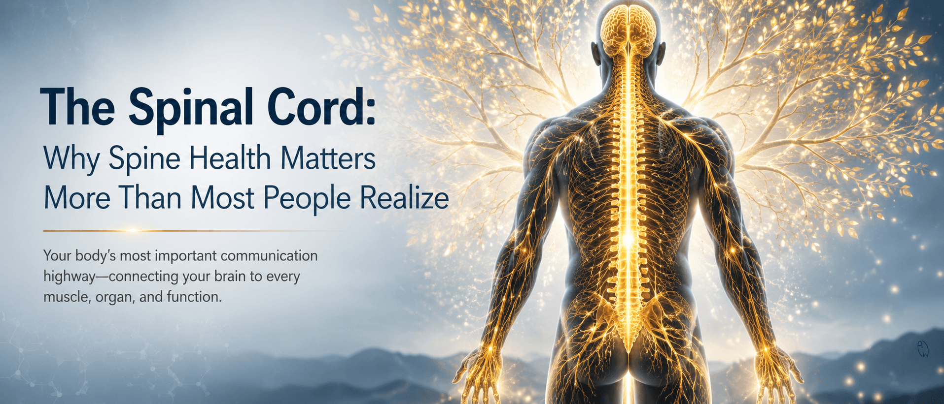 Illustration of the spinal cord and nervous system showing communication between the brain and body through spinal nerves protected by the spine