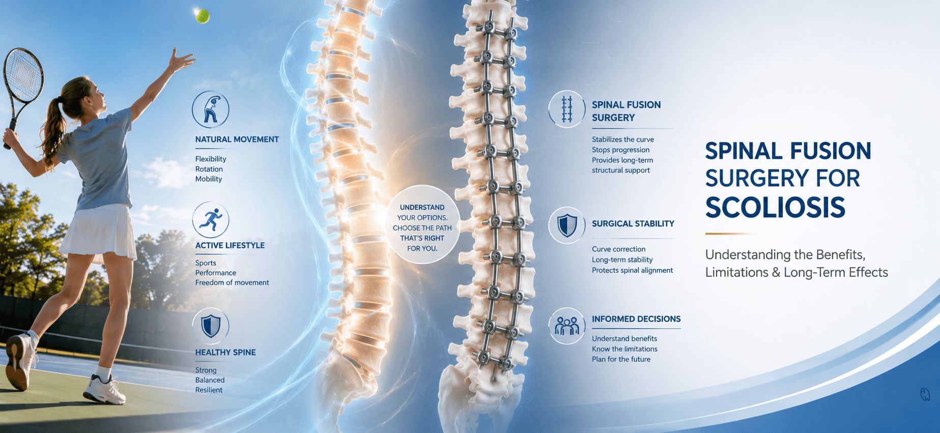 Educational illustration comparing spinal flexibility and spinal fusion surgery for scoliosis, highlighting treatment considerations and long-term spinal function.