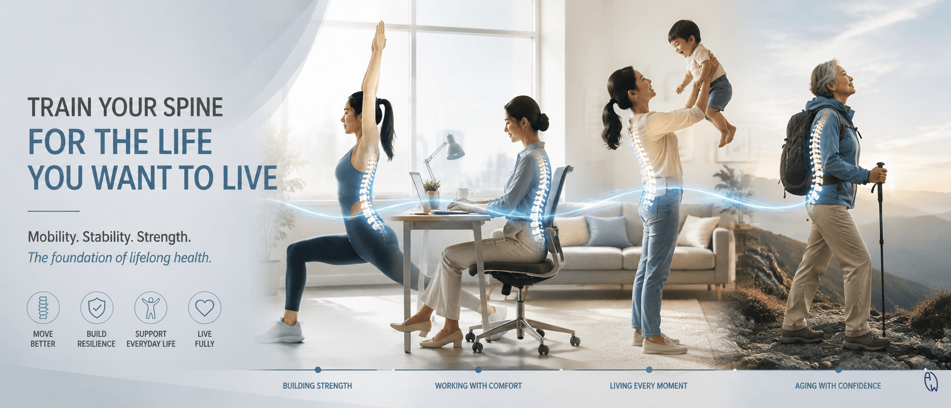 Woman performing spine mobility and strengthening exercises to improve posture, spinal health, and functional movement.
