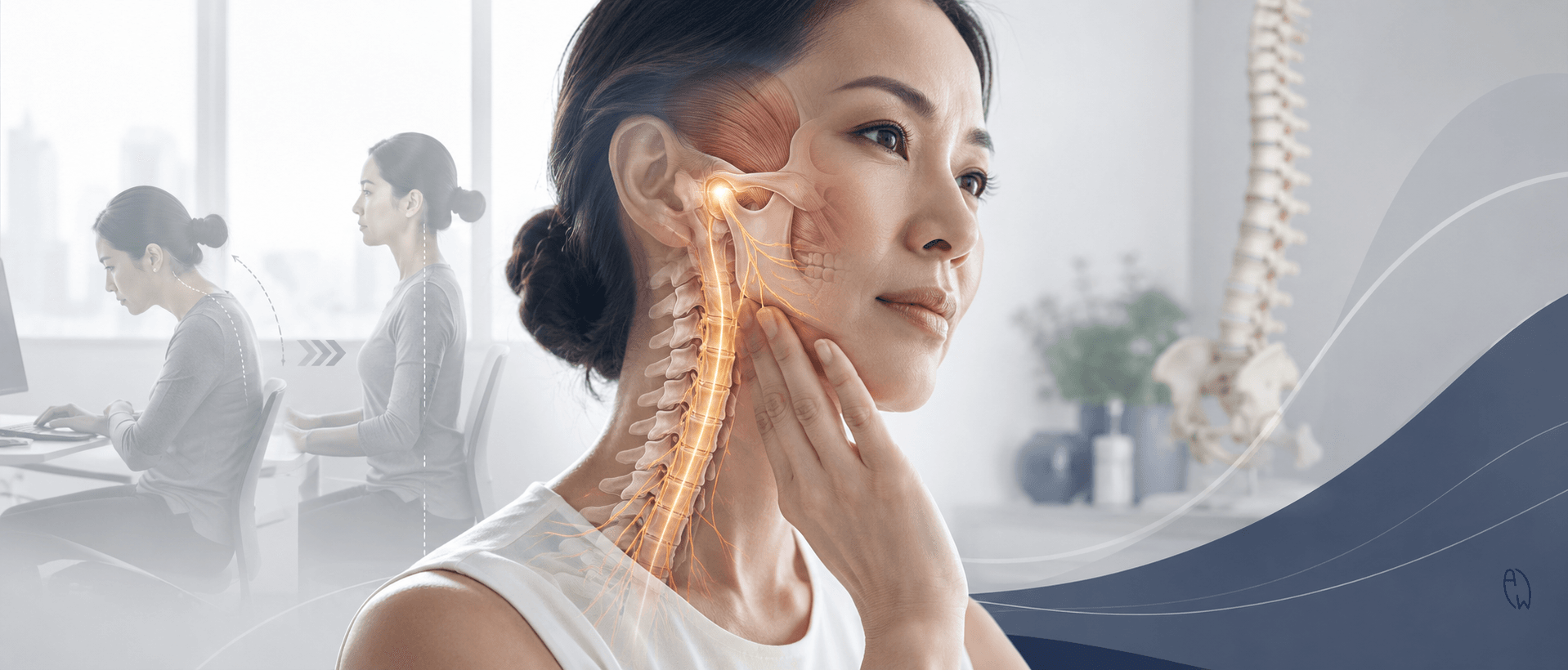 Woman with TMJ disorder experiencing jaw discomfort, illustrating the connection between the temporomandibular joint, upper cervical spine, posture, and nervous system.