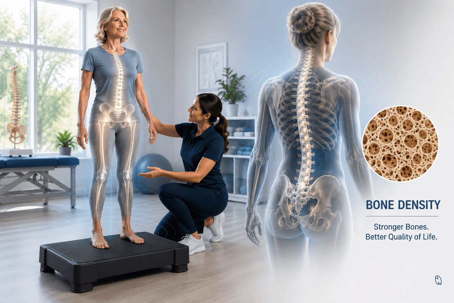 woman using a whole body vibration platform during osteoporosis rehabilitation to support bone density, muscle strength, balance, and healthy aging.