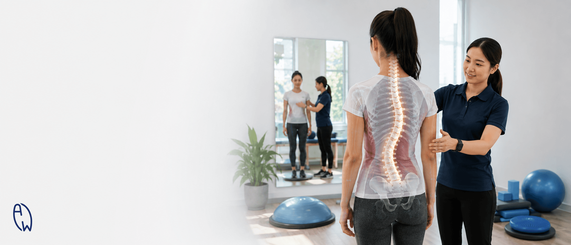 A scoliosis therapist guiding a patient through rehabilitation exercises while illustrating the spine, emphasizing neuromuscular retraining and comprehensive non-surgical scoliosis care.