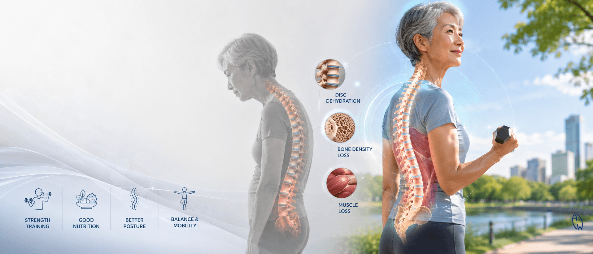 Healthy older adult showing upright posture with spine and muscle support illustration for ageing, height loss, and sarcopenia education